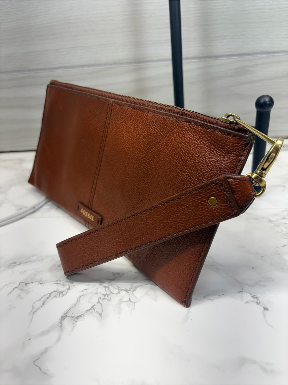 Fossil Cognac Leather Wristlet with Gold Hardware
